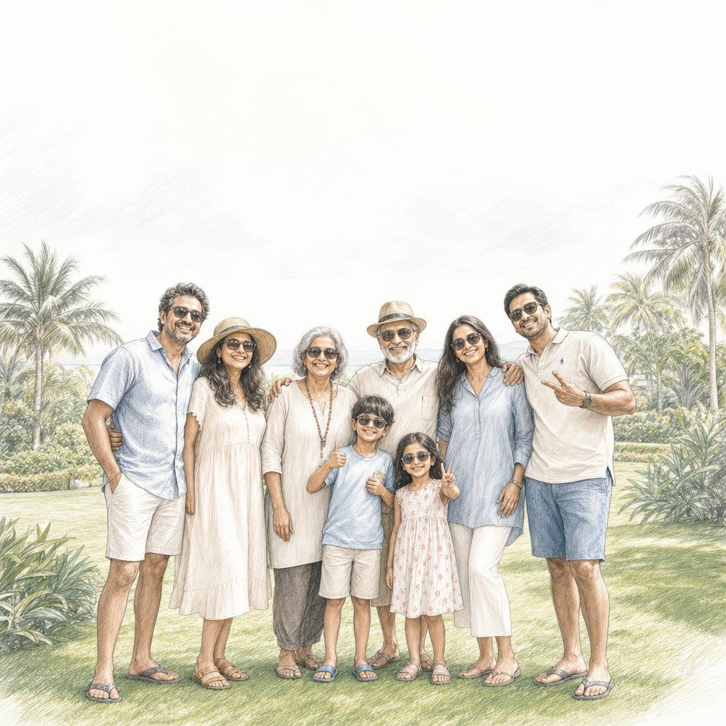 A multi-generational NRI family celebrating together on holiday by the beach